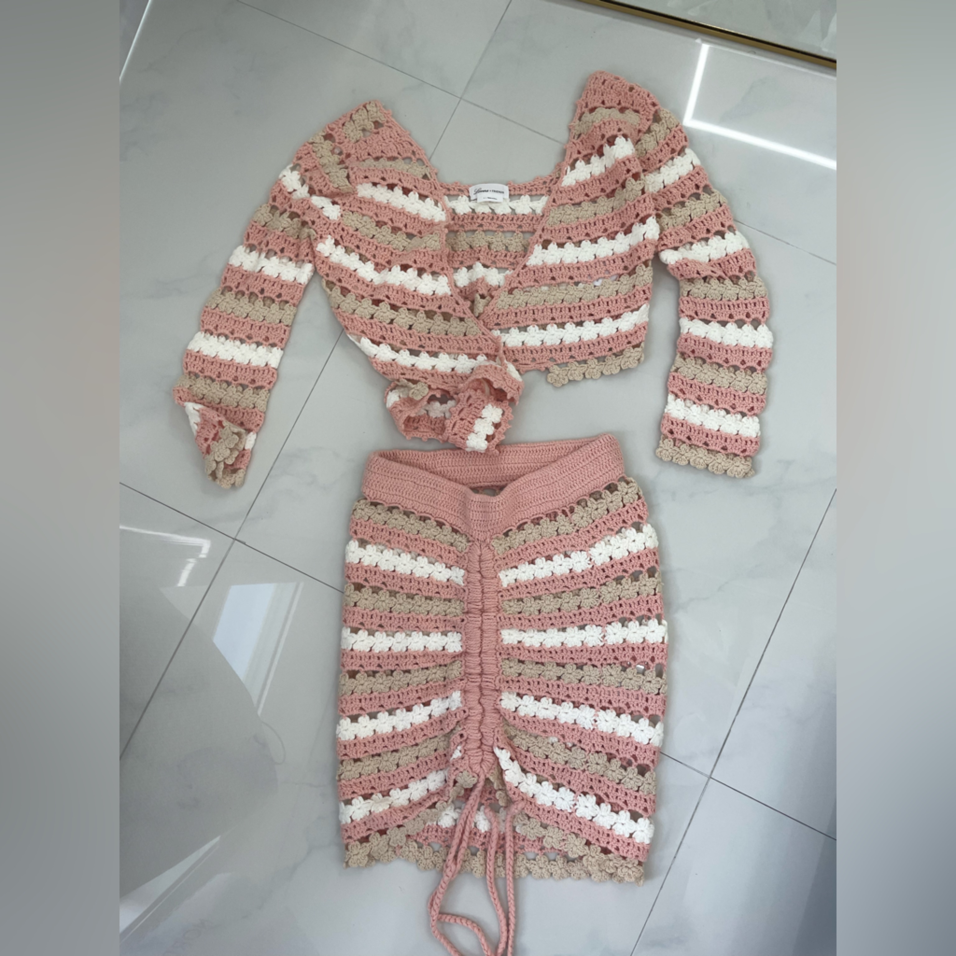 Brand New Lovers  Friends Crochet Pink White Cover Up Set